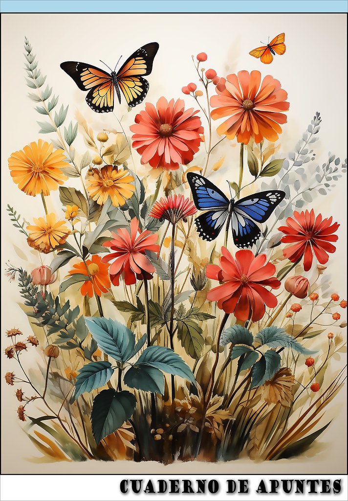 ilustración con mariposas y flores