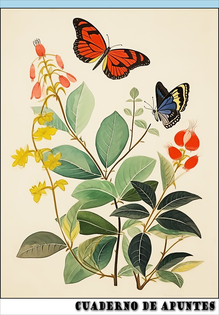 ilustración con mariposas y flores