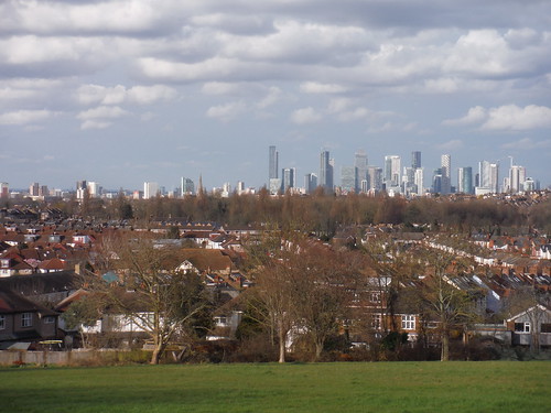 Canary Wharf, from Blythe Hill Fields SWC Walk 421 - Blackheath to Deptford (Hills &amp; Parks of Inner Southeast London)