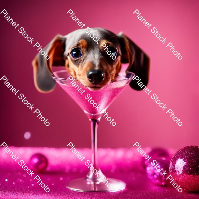 Miniature Dachshund Silver Dapple with Pink Collar Sat in a Martini Glass on a Stage with Glitter Ball Overhead   - Stock photo with image ID: 98090aa1-f914-4d39-99ce-fd792817c693