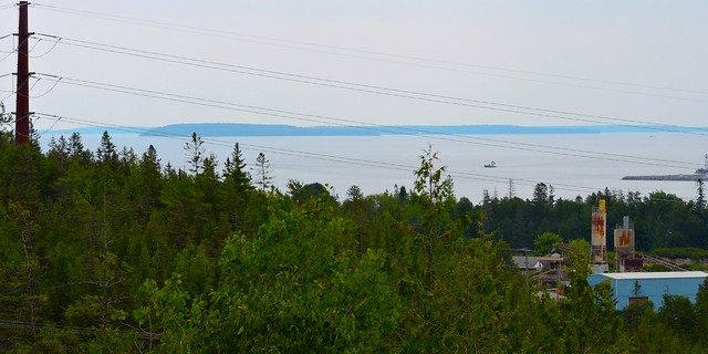 View of Mackinac Island, Round Island, Bois Blanc Islands in Lake Huron, through the powerlines