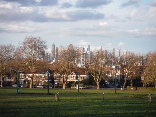 Canary Wharf, from Hilly Fields Park SWC Walk 421 - Blackheath to Deptford (Hills &amp; Parks of Inner Southeast London)