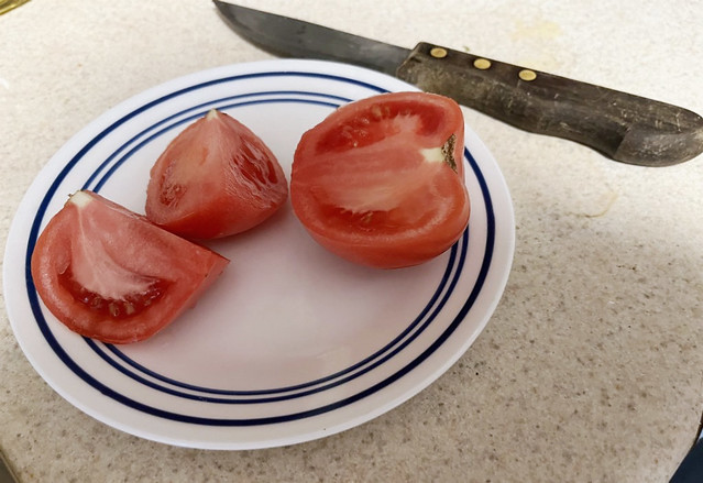 Cut Tomato On Small White Dish On Counter With Knife - Photo Taken And Mildly Edited by STEVEN CHATEAUNEUF On March 4, 2024