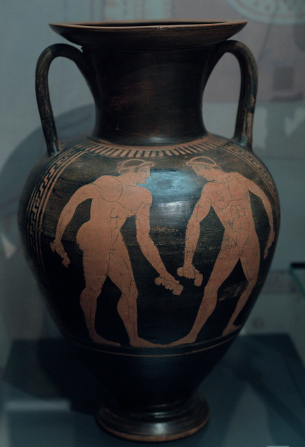 Etruscan Red Figure neck-amphora with two long-jumpers holding halteres