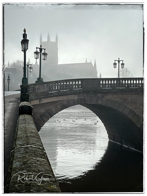 Worcester Cathedral in morning mist.