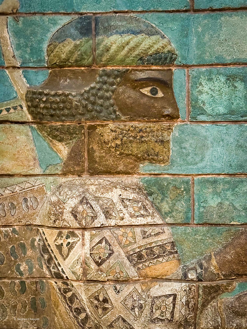 Detail of glazed brick guardsman relief from Susa, Iran
