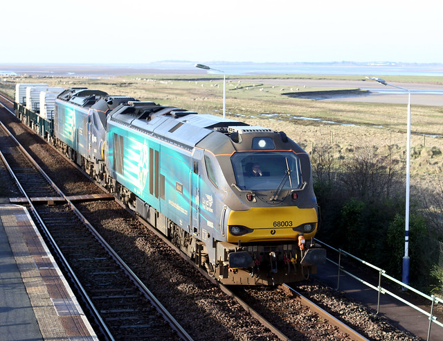 68 003 Astute and 88 002 Prometheus on 6C53 Crewe CLS to Sellafield  approaches Kirkby station