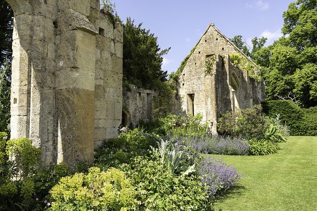 Herbaceous planting around the ruined tithe barn, Sudeley Castle, Gloucestershire.