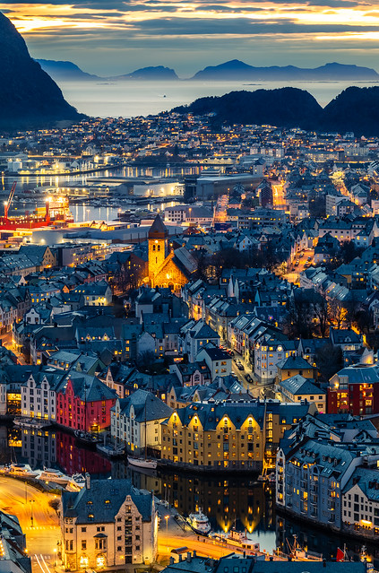 View of Alesund at blue hour