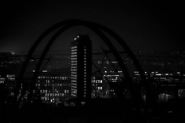 Arc, buildings, night