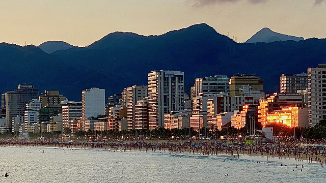 Mirrored Reflection of Sunset on Buildings Along Ipanema Beach From Ponte do Arpoador, Rio de Janeiro, Brazil
