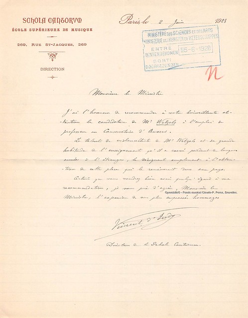 D'INDY, Vincent, recommending J. Wetzels, cellist to a Belgian Minister, Paris, 02/06/1928