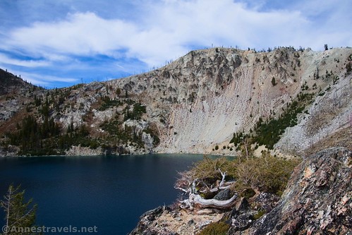If you look closely, you can see the McGown Lakes Trail rising along the hillside across Sawtooth Lake, Sawtooth National Recreation Area, Idaho