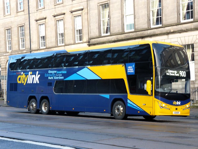 Parks of Hamilton Volvo B11RLET Plaxton Panorama LSK871, new in October 2020, in generic Citylink livery, operating Citylink service 900 to Edinburgh at York Place, Edinburgh, on 22 February 2024.