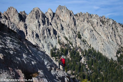 Taking pictures of the sawtooth-tipped wall along the Sawtooth Lake Trail, Sawtooth National Recreation Area, Idaho