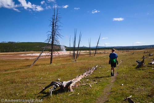 Hiking toward the geysers of Sentinel Meadows, Yellowstone National Park, Wyoming