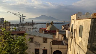 View of Mount Vesuvius and Bay of Naples from train near Meta, Italy