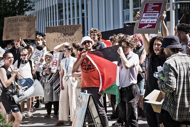 Students at the Australian National University protest Senator Penny Wong's complicity in Israel's genocidal war in Gaza and stand in solidarity with Palestine.