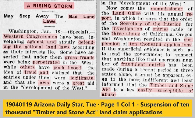 19040119 Arizona Daily Star, Tue · Page 1 Col 1 - Suspension of ten thousand Timber and Stone Act land claim applications