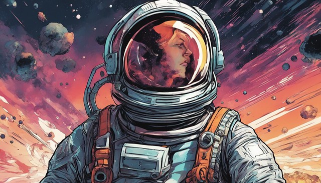 Cosmic Odyssey: Epic Space Opera with Comic-Style Astronaut