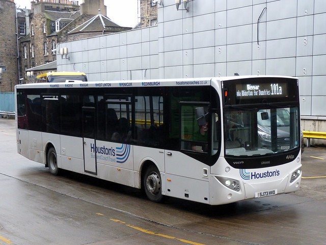Houston's of Lockerbie Volvo B8RLE MCV eVoRa SJ73HVO, named Whitney and new in December 2023, operating service 101A to Dumfries departing Edinburgh Bus Station on 24 February 2024.