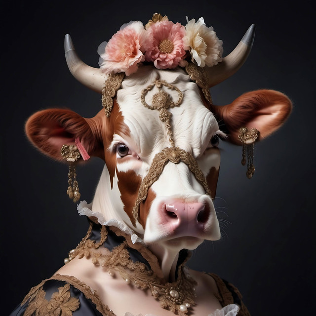 Ein barockes Kuhporträt präsentiert eine einzelne Kuh, majestätisch verziert mit Blumen zwischen den Hörnern. Die kunstvolle Darstellung verleiht der Kuh eine königliche Anmut und fängt den barocken Stil mit seinem opulenten Charme ein.