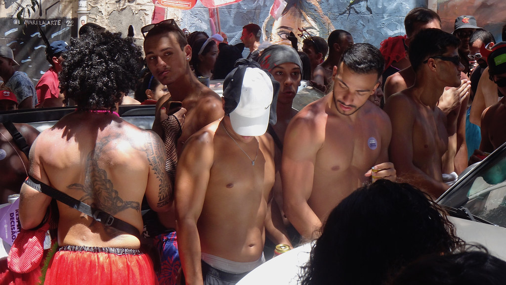 Tanned and Toned Male Spectators, Carnaval Street Party (Bloco) Rua Cândido Mendes, Santa Teresa, Rio de Janeiro, Brazil