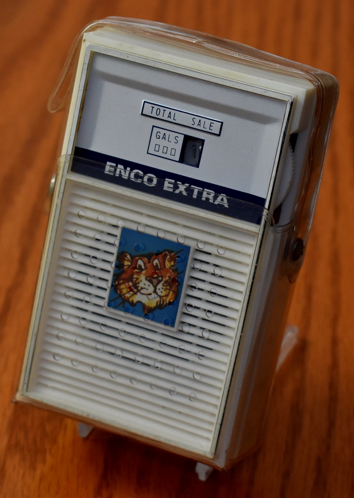 Vintage Enco Extra Gasoline Pump Novelty Transistor Radio In Clear Plastic Case, Model 668, AM Band, Promotional Radio Of The Humble Oil & Refining Company, Made In Hong Kong, Circa 1967