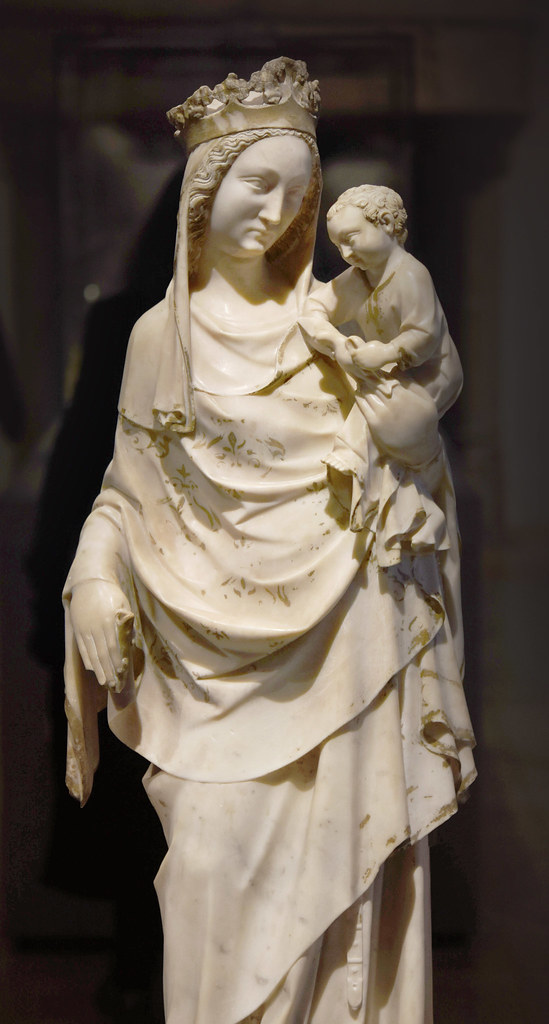 Virgin and Child, Ile-de-France, mid-14th century. White marble with traces of modern gilding.