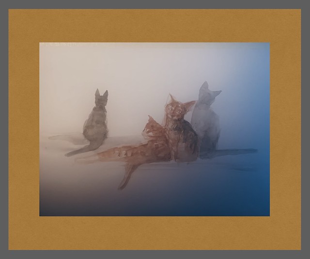 Cats in the mist. Gouache Brush drawing by jmsw on 200gsm smooth card.