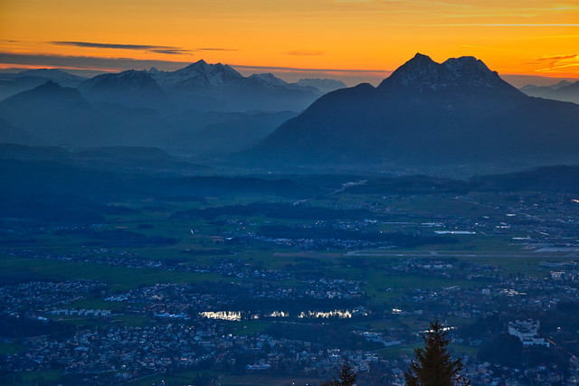 Evening view from the Gaisberg above Salzburg, Austria