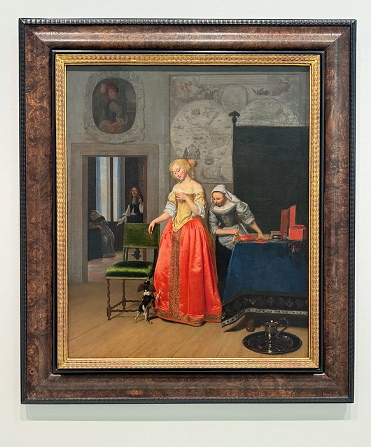 Jacob Ochtervelt, Lady with Servant and Dog (ca. 1671-1673)
