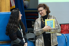 State Rep. Cindy Harrison talks with Principal Dr. Emily Rhew following Read Across America events at Booth Free School.