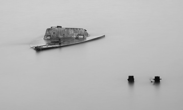 Pin Mill submerged boat BW