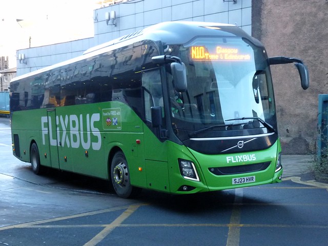 McGill's Bus Service of Greenock Volvo B13R Volvo 9700 SJ23HVR 0667, new in May 2023, operating Flixbus service N10 to Glasgow departing Edinburgh Bus Station on 26 February 2024.