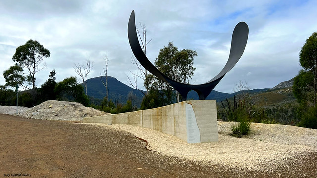 Bitumen Bones Sculpture by Alex Miles, Strathgordon Road, Sentinel Range, South West National Park, Lutruwita, Tasmania
