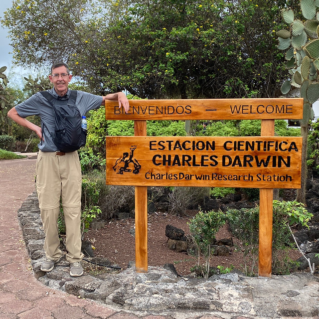 Danny at Sign, Charles Darwin Research Station, Parque Nacional Galápagos, Santa Cruz Island, Galápagos Islands, Ecuador