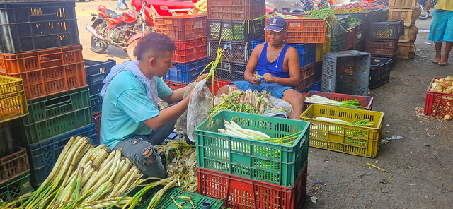Cartagena mercado Bazurto Spring onions processing men