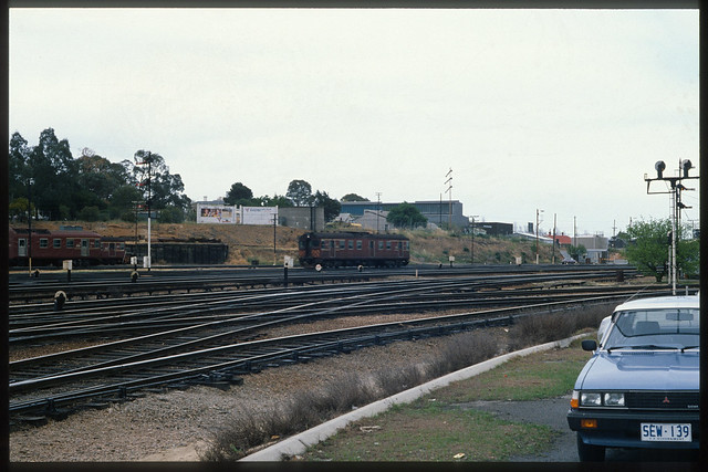 9.1982 Adelaide Yard - South Australia railcar STA redhen 400 class in yard (John Parkes Collection - Chris Drymalik Collection s0468)