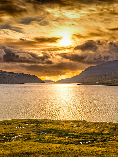 Golden light at Faroes fjord