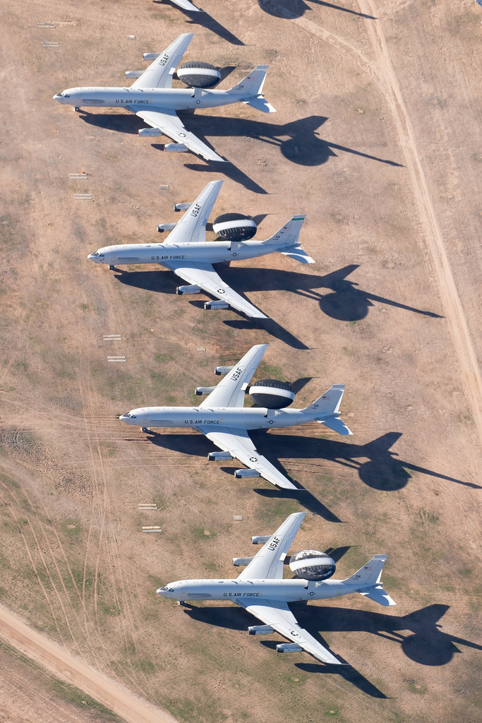 AMARG Area 26 sees stored 75-0557/OK (E-3B), 83-0009/AK (E-3C), 76-1606/OK (E-3G) & 73-1675/OK (E-3B) Boeing E-3 Sentry's of USAF | DMA 13/Feb/2024