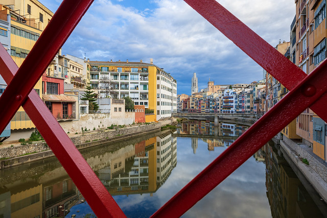 Girona reflection through the bridge, sunrise 11 March 2024