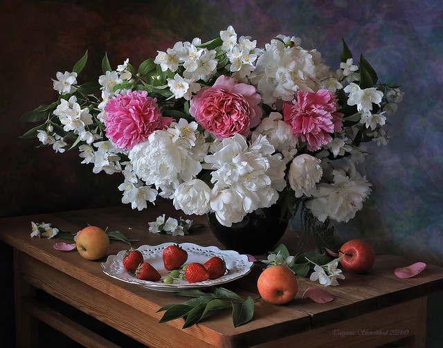 Still life with a bouquet of peonies, roses and jasmine