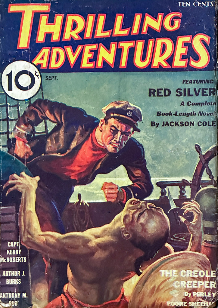 “Thrilling Adventures,” September, 1933.  Cover art [uncredited] for the novelette “The Creole Creeper” by Perley Poore Sheehan.