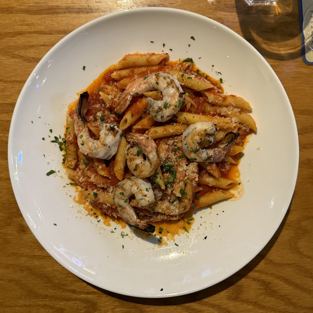 Penne pasta with arrabbiata sauce and shrimp