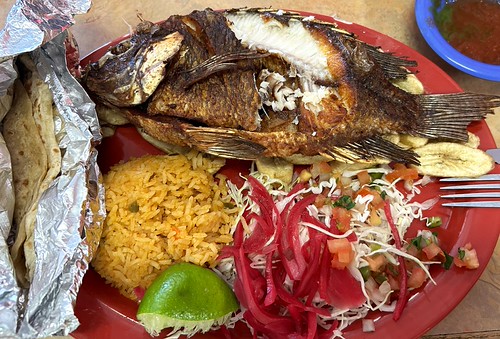 Pescado frito al Catracho... by Just Back, fried green banana, cabbage salad, rice and tortillas. Cabanas, Sunset Blvd, West Columbia SCplatill