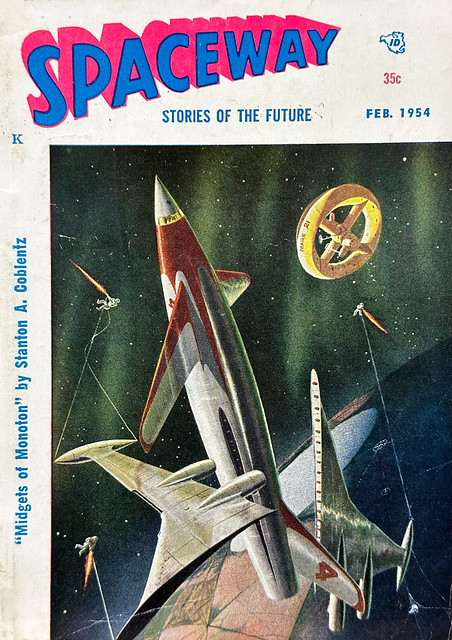 “Spaceway—Stories of the Future,” Vol. 1, No. 2 (Feb. 1954). Cover by Mel Hunter for Gene Hunter’s short story “A Look at the Stars.”