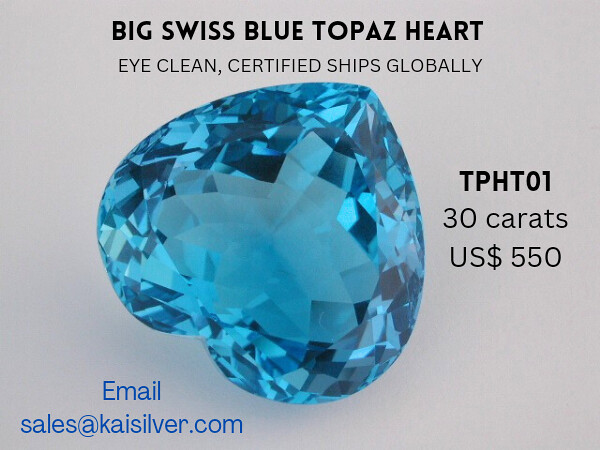 Big Heart Shaped Gemstone, Natural Swiss Blue Topaz Gem From Kaisilver Thailand