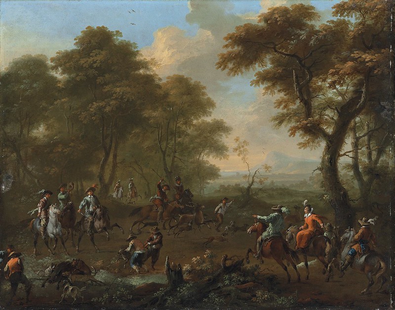 Franz de Paula Ferg (1689-1740) - An elegant hunting party capturing a stag and boar