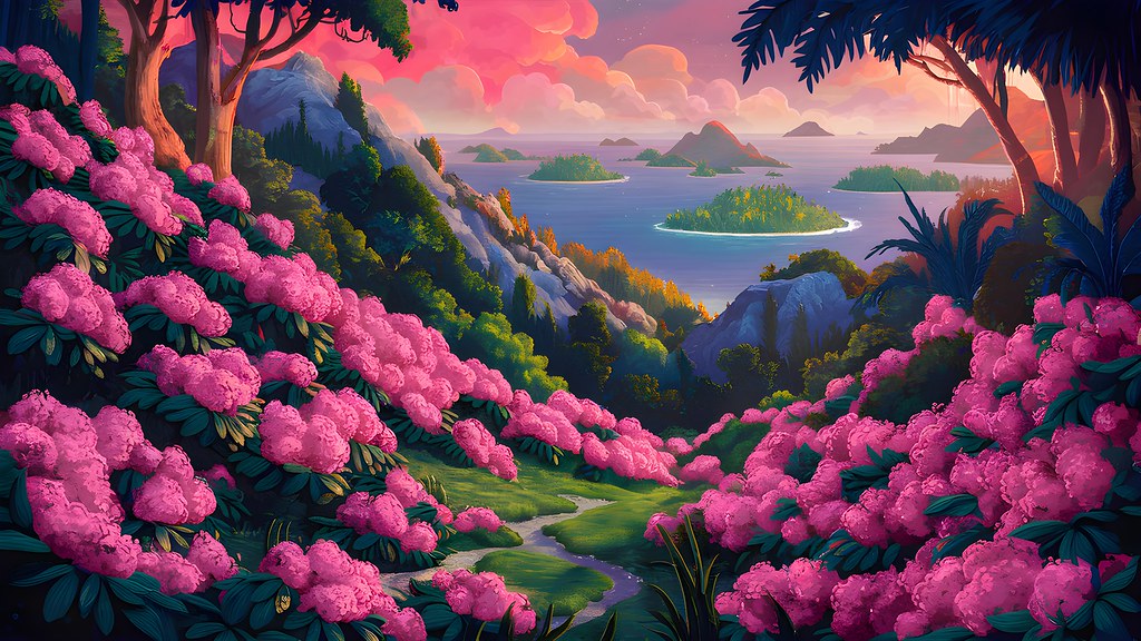 Vibrant Tropical Landscape with Pink Flowers